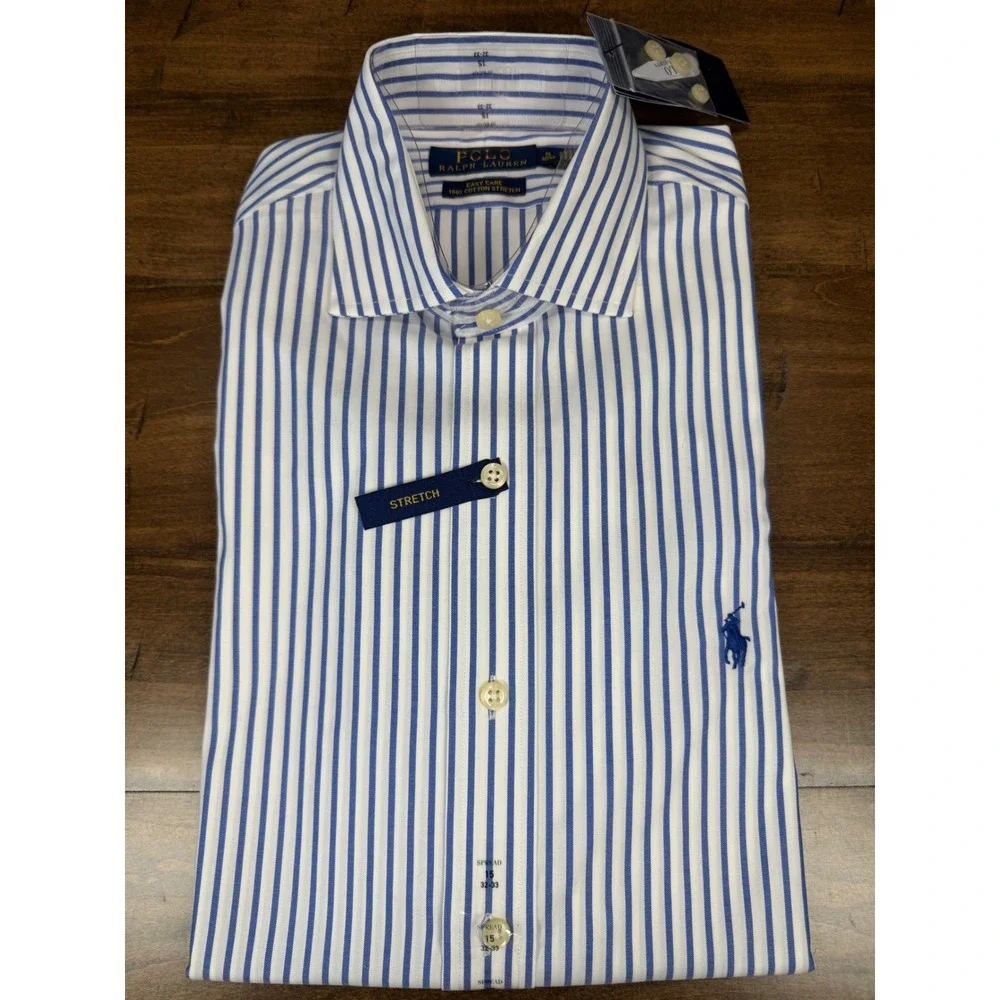 Polo Ralph Lauren Men Dress Shirt 15 32/33 Blue White Stripe Easy Care Stretch